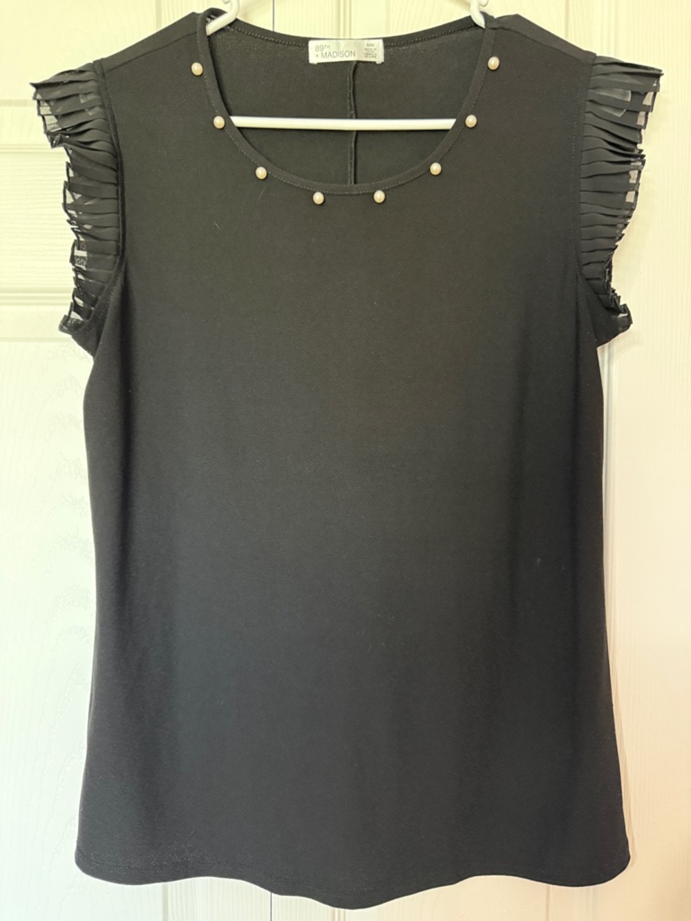 89th & Madison Black Sleeveless Top with Pearl Neckline and Pleated Cap Sleeves